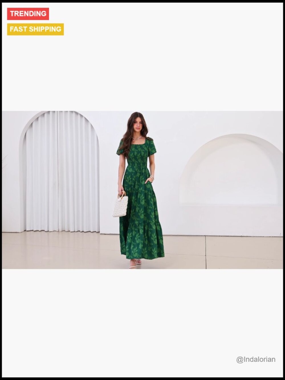 Boho Maxi Dress Floral Short Sleeve Square Neck Smocked Flowy Long Vacation - Picture 7 of 7